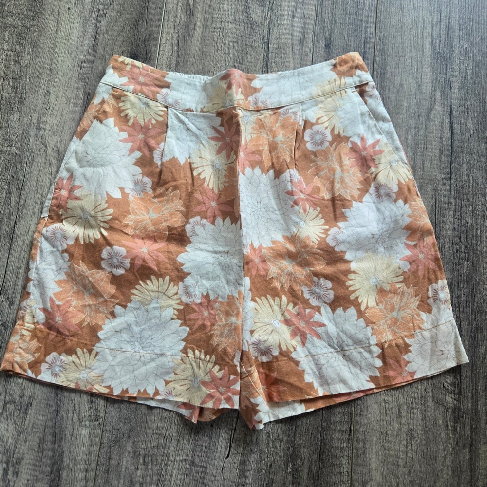 Faherty Womens 100% Linen Floral Print Shorts Orange Cream Size Medium High Rise